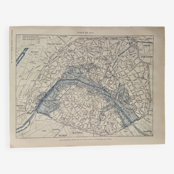 Lithographie carte sur Paris et les inondations de 1910