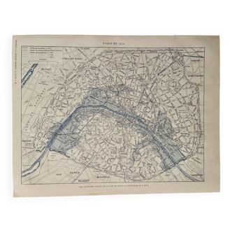 Lithographie carte sur Paris et les inondations de 1910