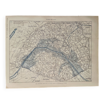 Lithograph map on Paris and the floods of 1910