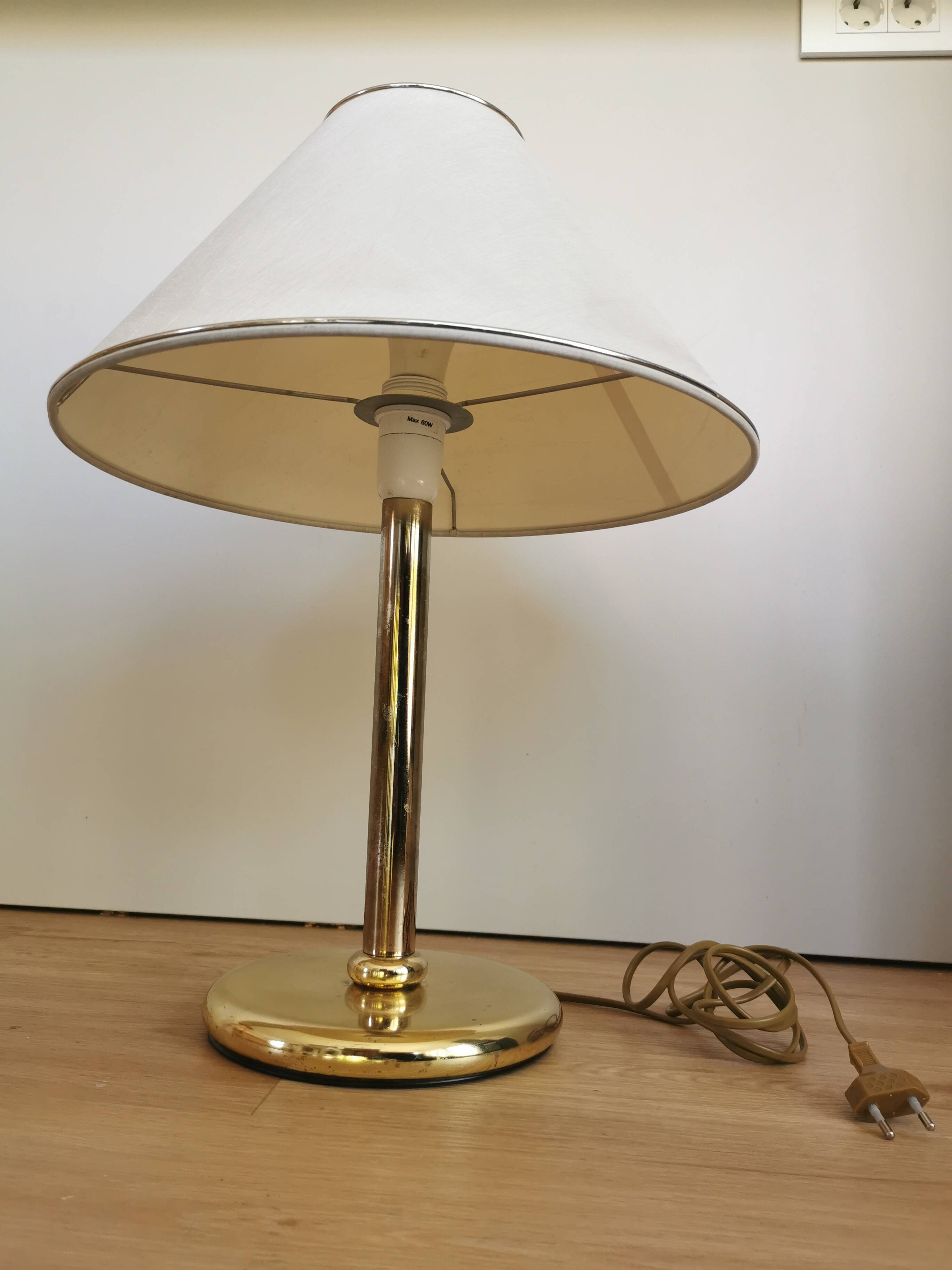 Vintage Brass Table Lamp with Fabric Shade, Mid-Century Bedside Light