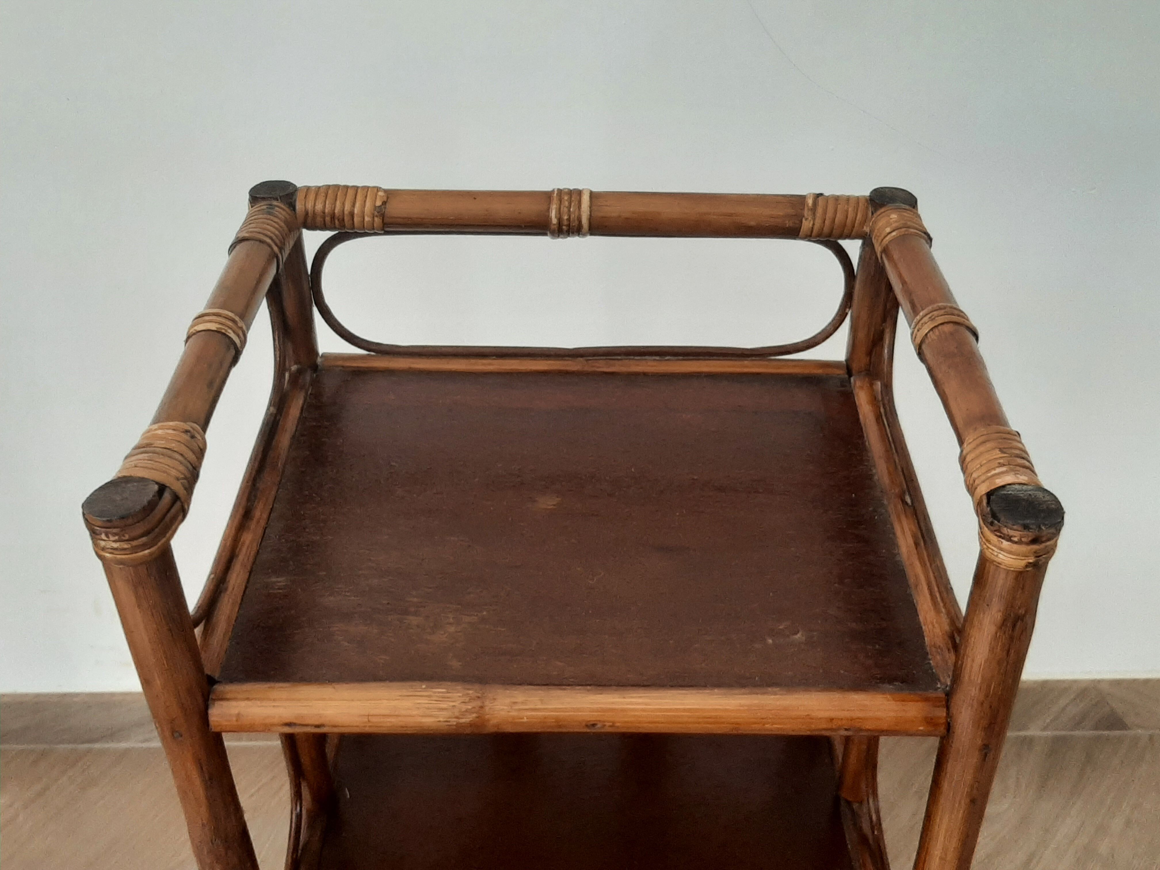 Vintage - set of 2 shelves of wooden floor, bamboo and rattan - 3 levels- retro 80s
