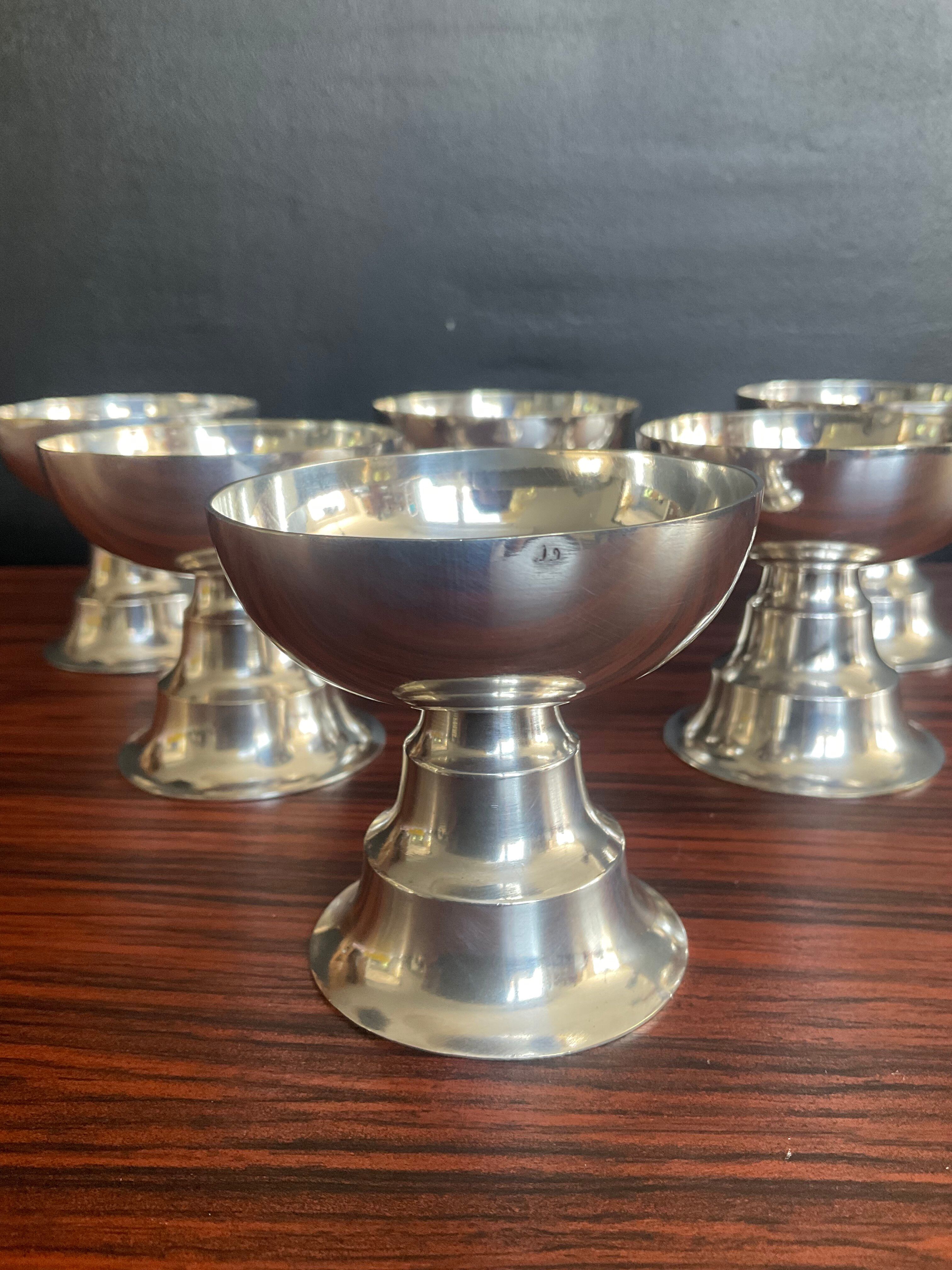 Série 6 coupes à glace vintage en métal argenté et poinçonnées