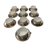 10 tasses limoges et sous tasses en étain brossé