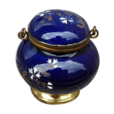 Ancien encrier petit pot porcelaine de Sevres bleu de four fleurettes émaillées Napoléon III