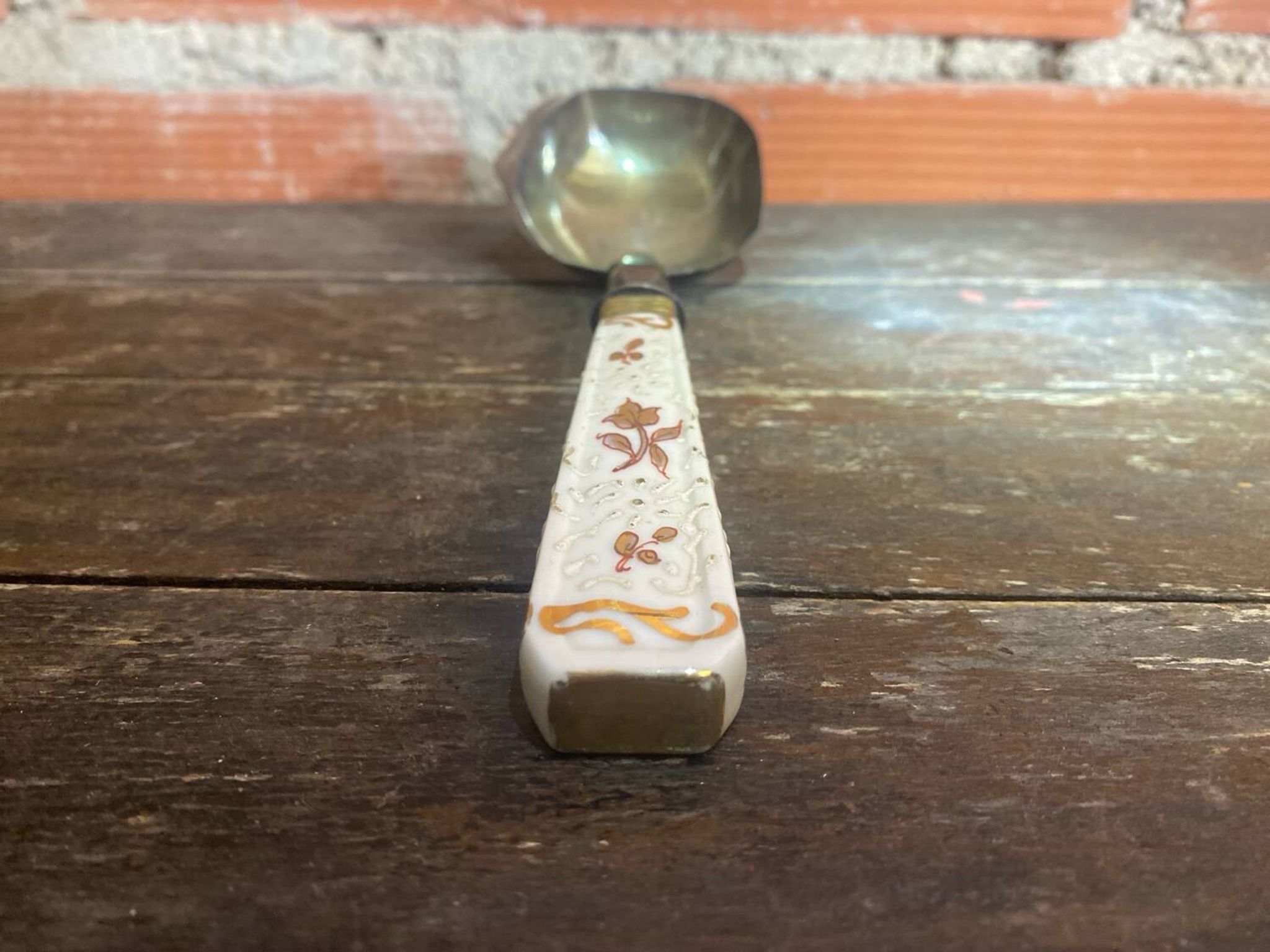 Old Silver-Plated Metal Serving Spoon + Porcelain Handle