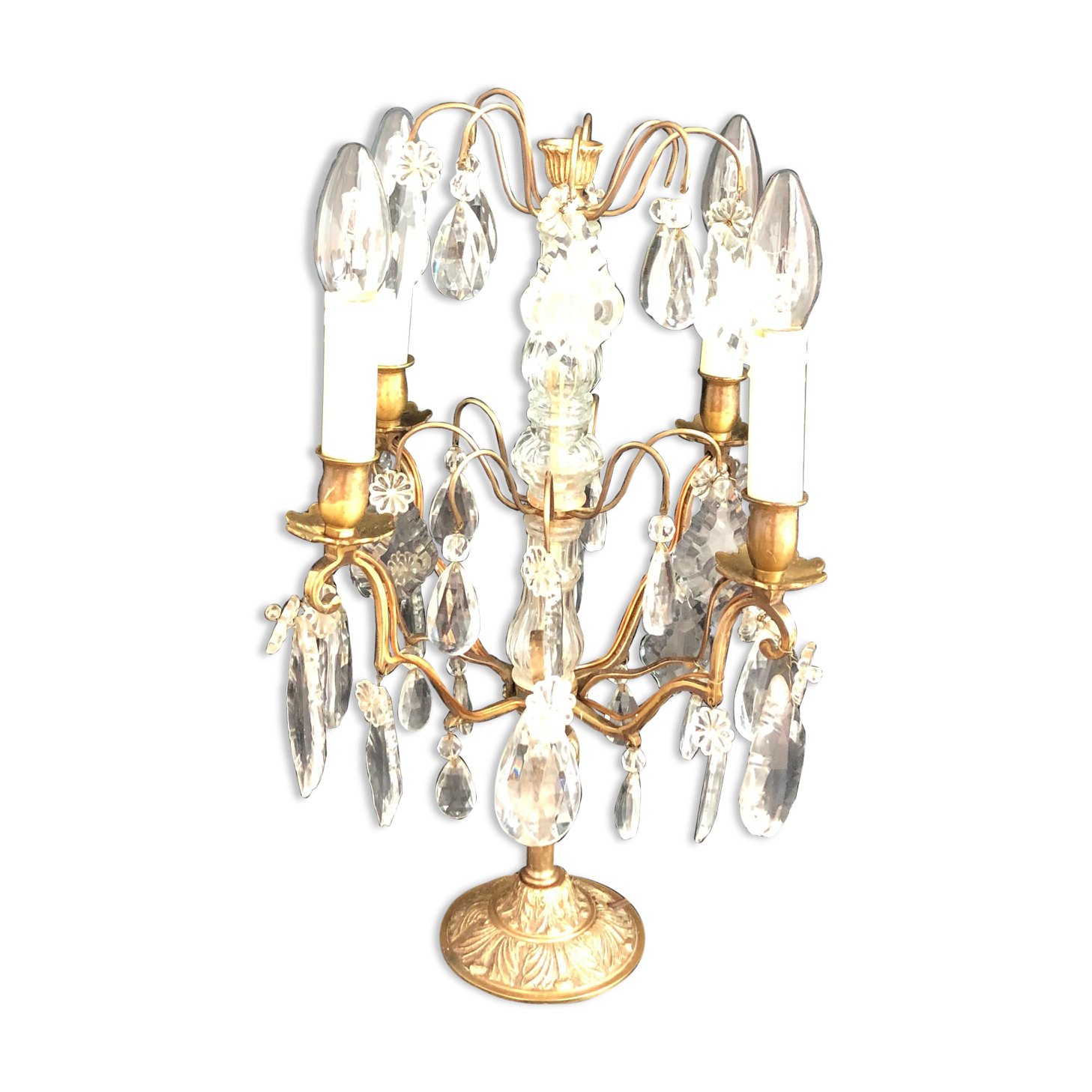 Golden brass girandole - 4 arms of lights - stamps and fleurettes in cut crystal