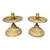 Antique Pair of Candle Holders with Saucer Empire Gilded Brass Neoclassical