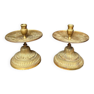 Antique Pair of Candle Holders with Saucer Empire Gilded Brass Neoclassical