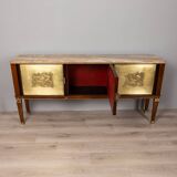 Buffet vintage années 40 en bois bas-reliefs en laiton et marbre design italien