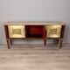 Buffet vintage années 40 en bois bas-reliefs en laiton et marbre design italien