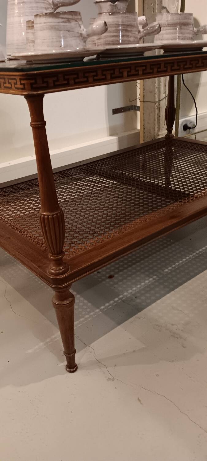 Coffee table / side table in mahogany with a rattan shelf.