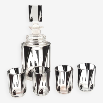 Art Deco black Enamel glass decanter set by Karl Palda