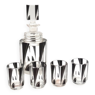 Art Deco black Enamel glass decanter set by Karl Palda