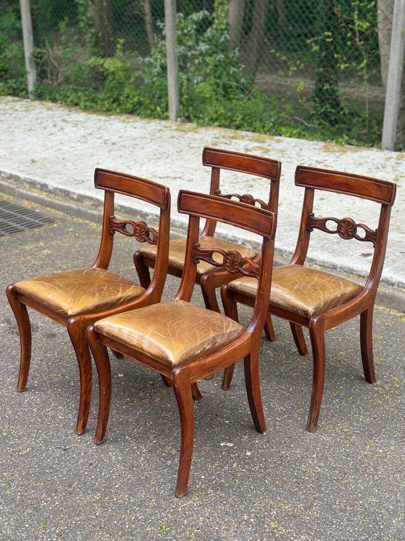 4 Regency chairs in solid wood and brown-beige leather from the 19th century.