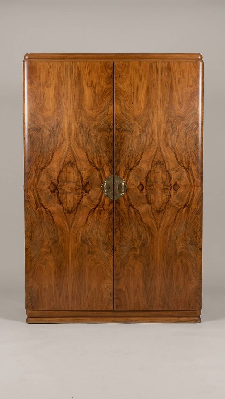 Vintage Art Deco Wardrobe - Walnut Burl Veneer "Open Book" - A