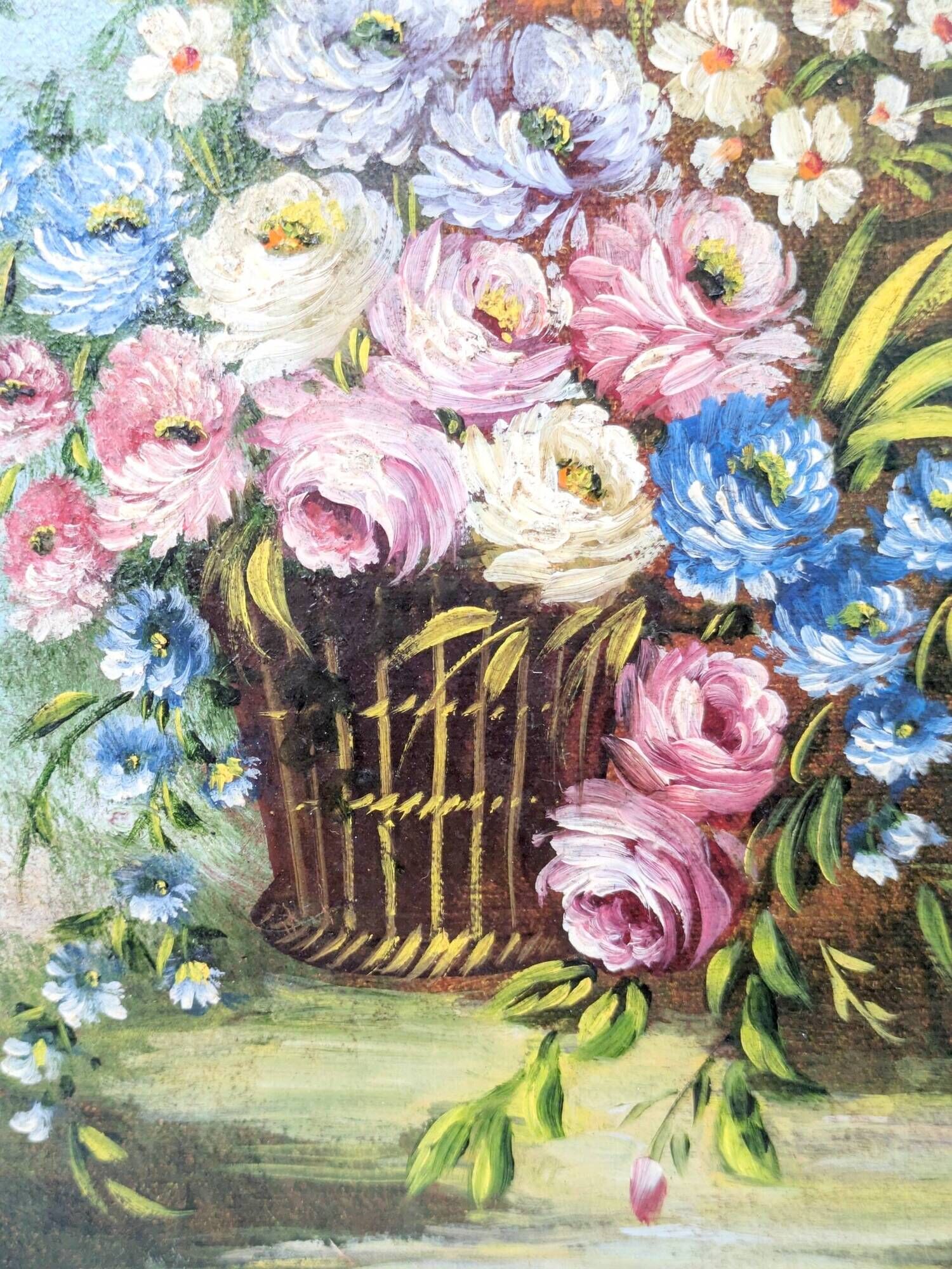 Antique oil painting, bouquet of peonies, ornate gilded frame
