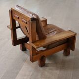 Midcentury Modern Brutalist Lounge Chair In Oak And Leather, Italy 1970s