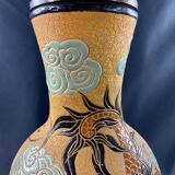 Très grande lampe au dragon sur fond jaune en grès bien hoa vietnam