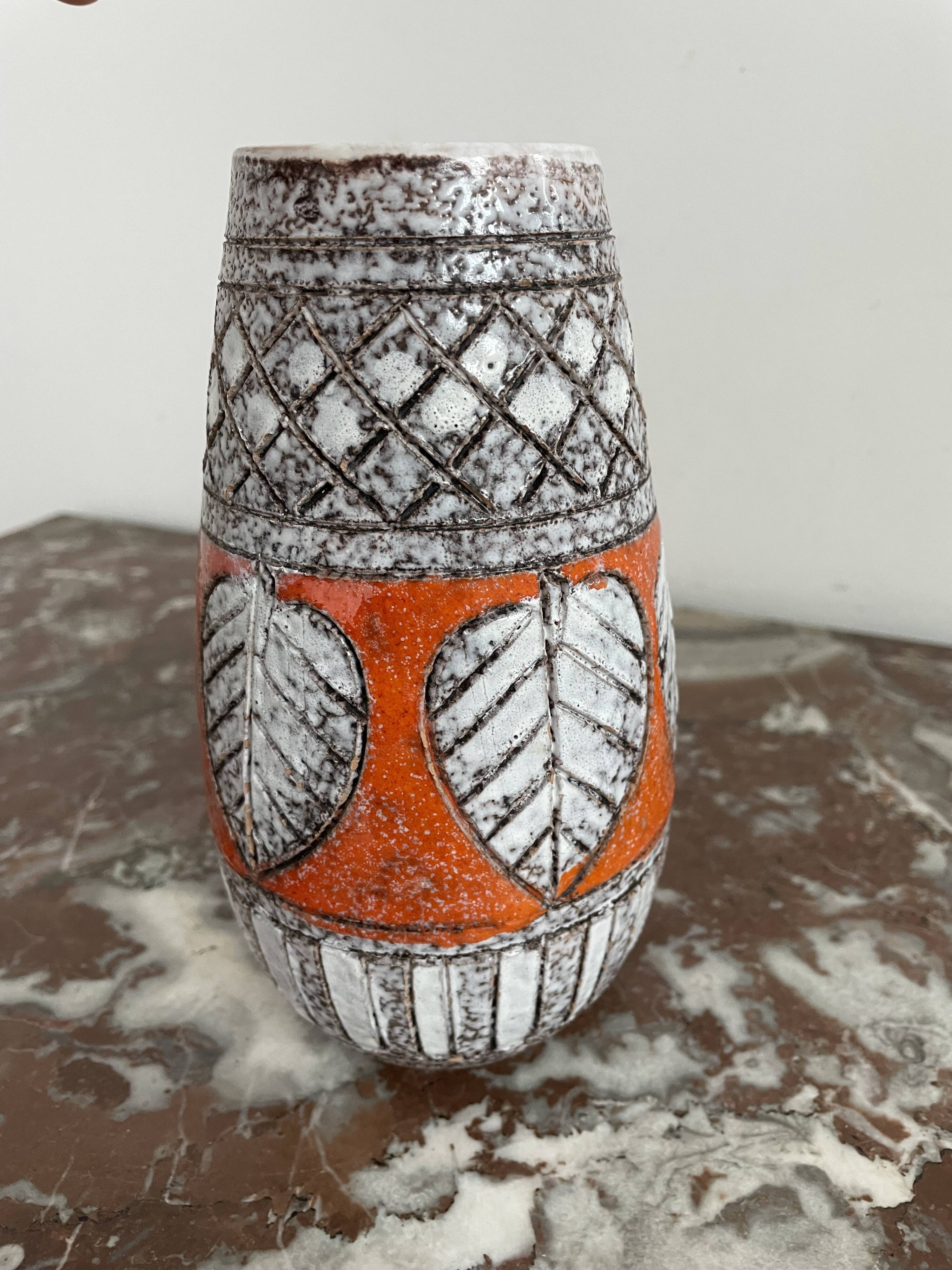 Vintage, vase, Fratelli Fanciullacci sgraffito, 50s, orange, leaf decoration, signed, numbered