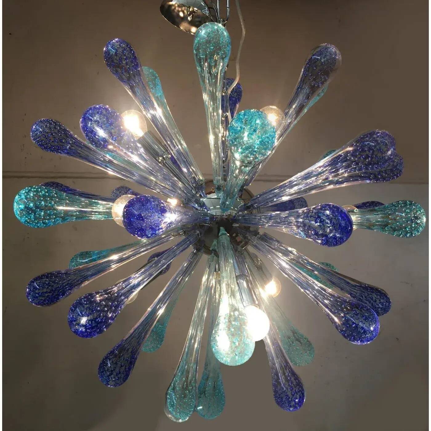 Murano Glass Sputnik Chandelier, Blue Air Drops, with Chromed Metal Frame