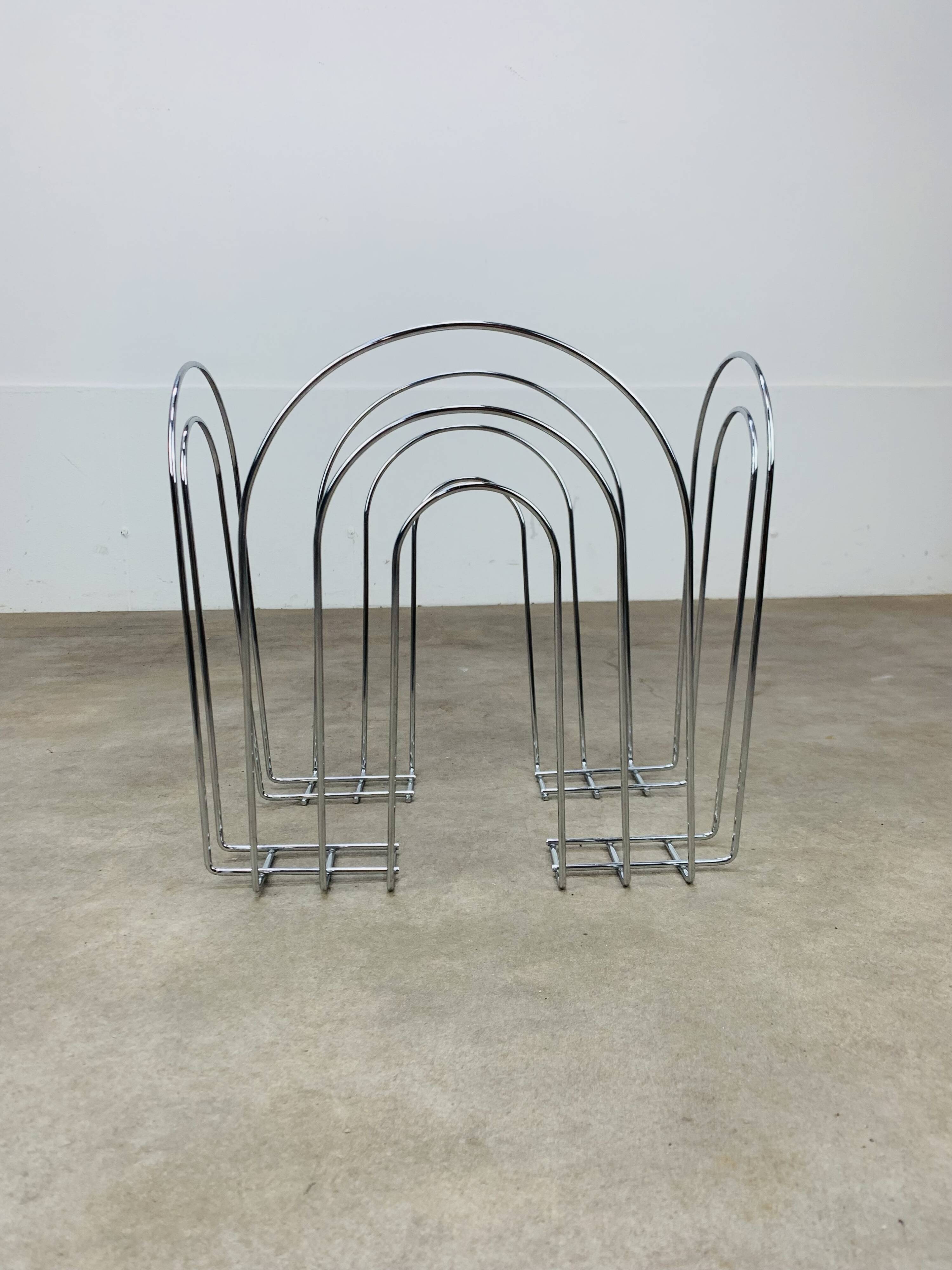 Postmodern chrome metal magazine rack from the 80s