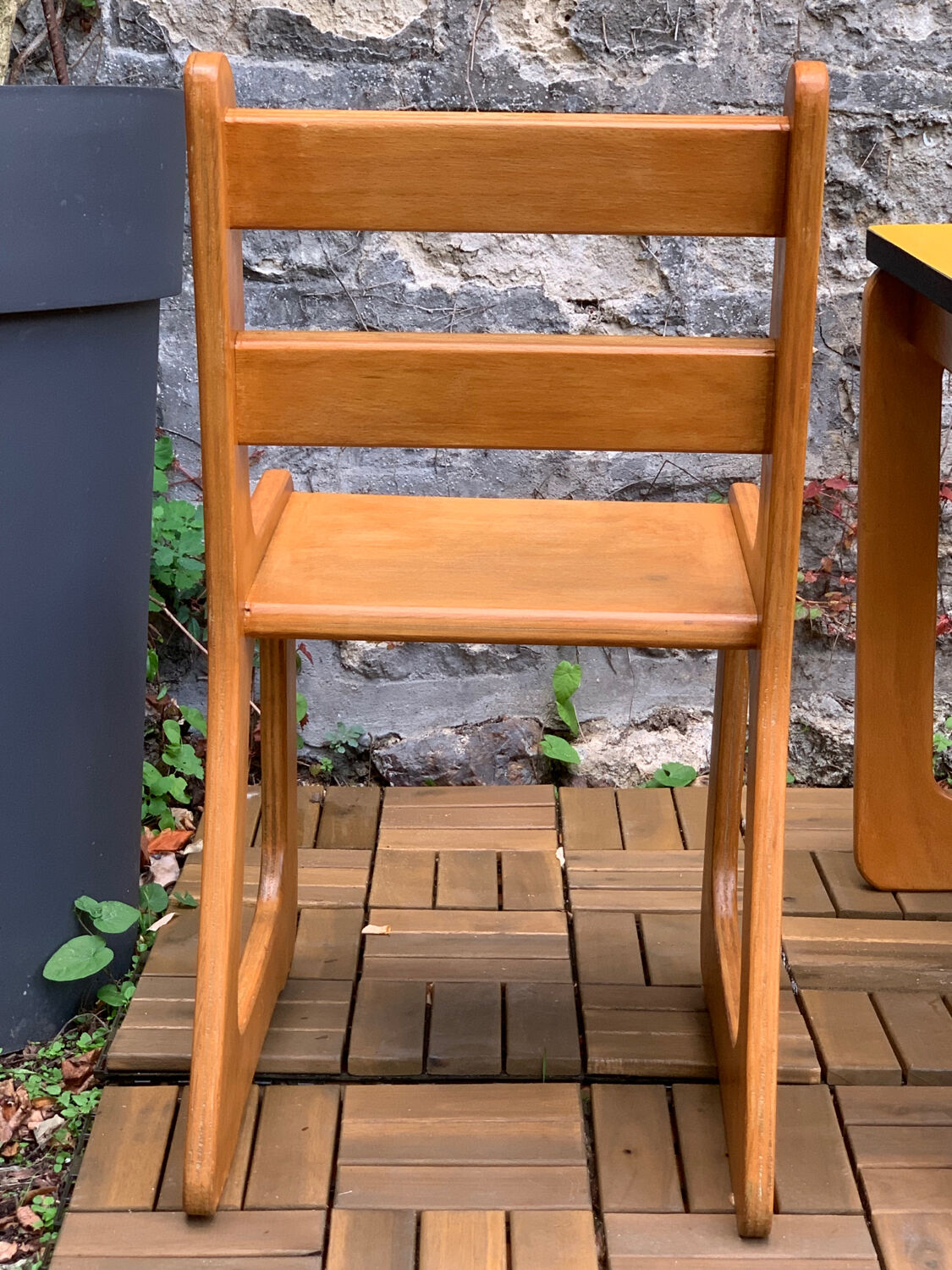 Children's wooden and formica desk and sled chairs 1970