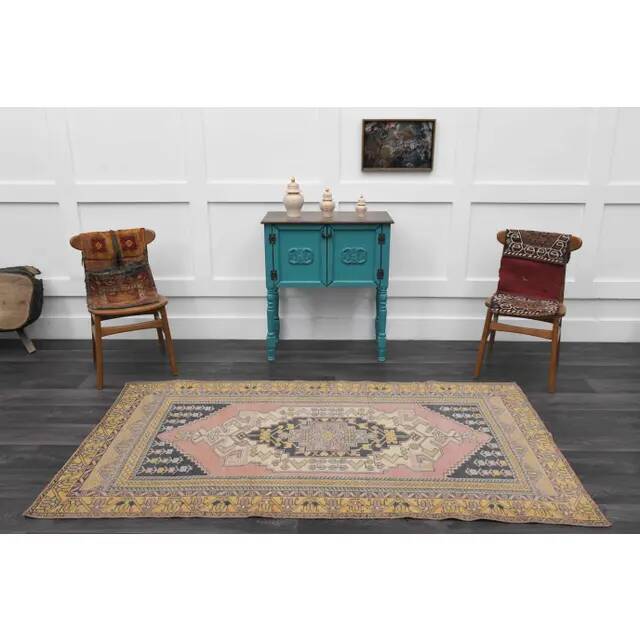 1970s Vintage Turkish Hand-Knotted Wool Cotton Pink Area Rug 124x226