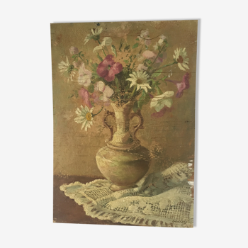 Tableau ancien  huile sur bois signé  Paul Harot peintre Marseillais bouquet de fleurs