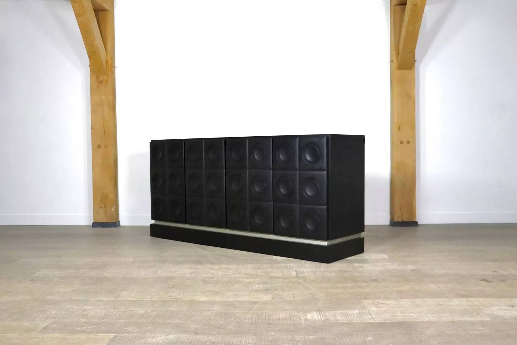 Midcentury Modern Brutalist Sideboard In Black Carved Wood And Chrome, Belgium, 1970s