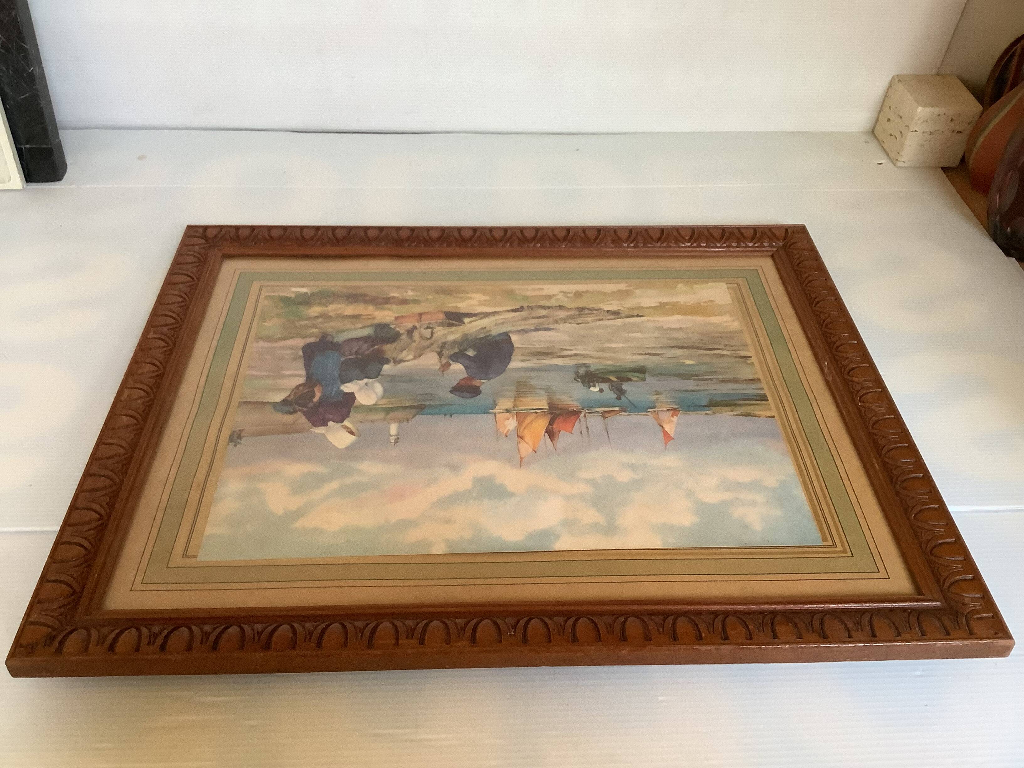 Large marine painting of fishermen and boats.