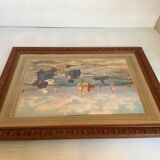 Large marine painting of fishermen and boats.