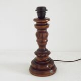 Vintage French Country Table Lamp Carved Turned Wood Base & Hide Skin Shade