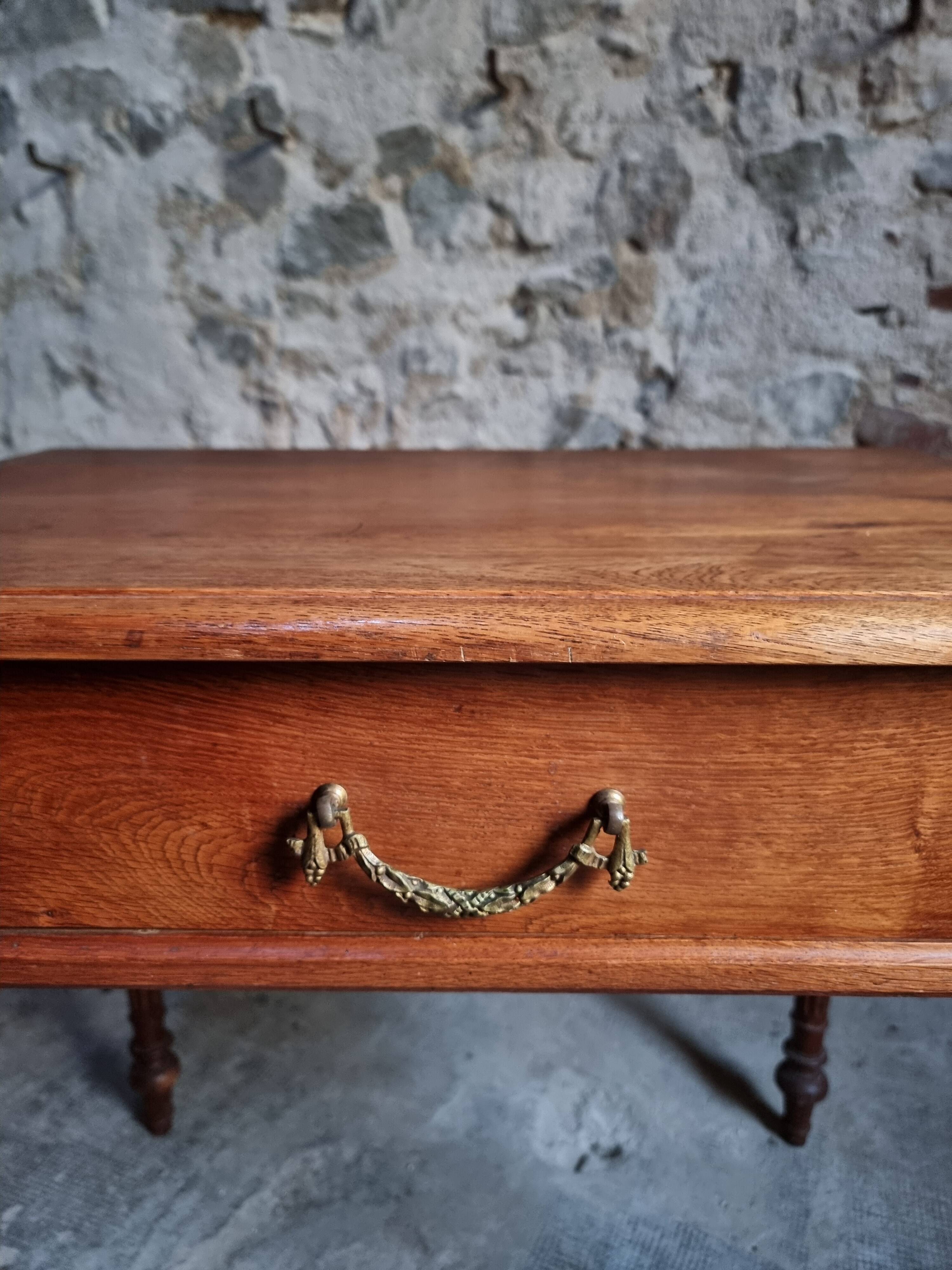 Antique oak writing table with drawer, French side table, console, solid oak desk, circa 1930–1950.