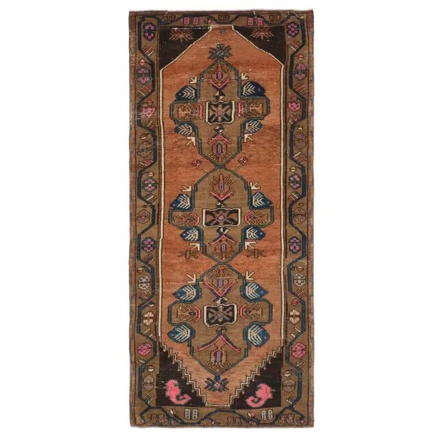 Vintage Turkish Oushak Handmade Wool Cotton Brown Runner Rug 128296