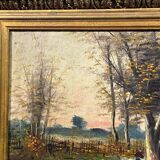 Painting Barbizon School animated path twilight wooden frame gilded stucco late 19th century