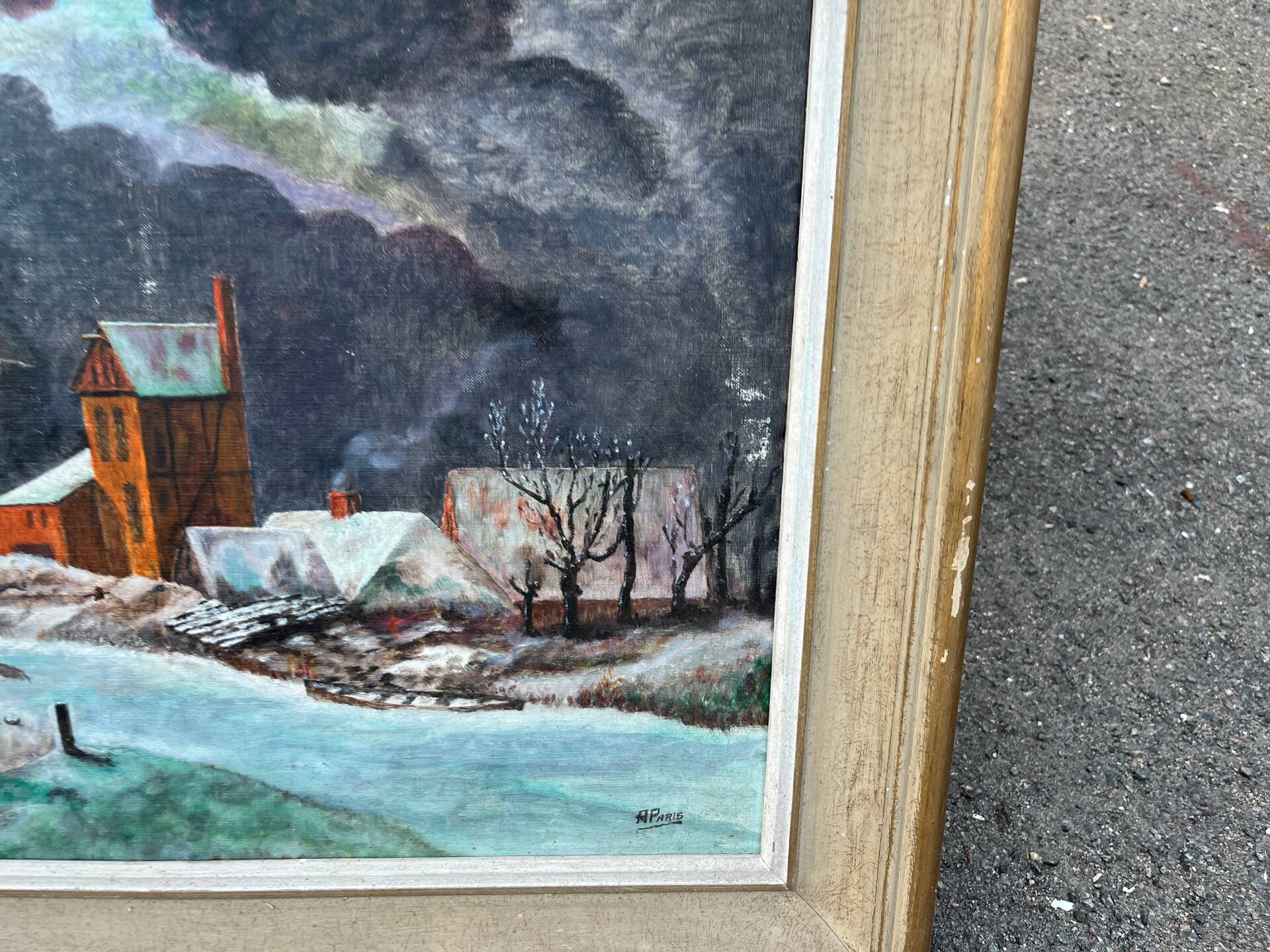 Tableau huile paysage hiver neige village signe H. Paris - Cadre