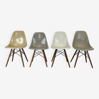 Eames Herman Miller DSW side chairs in greige, seafoam green, light ochre and parchment with slight