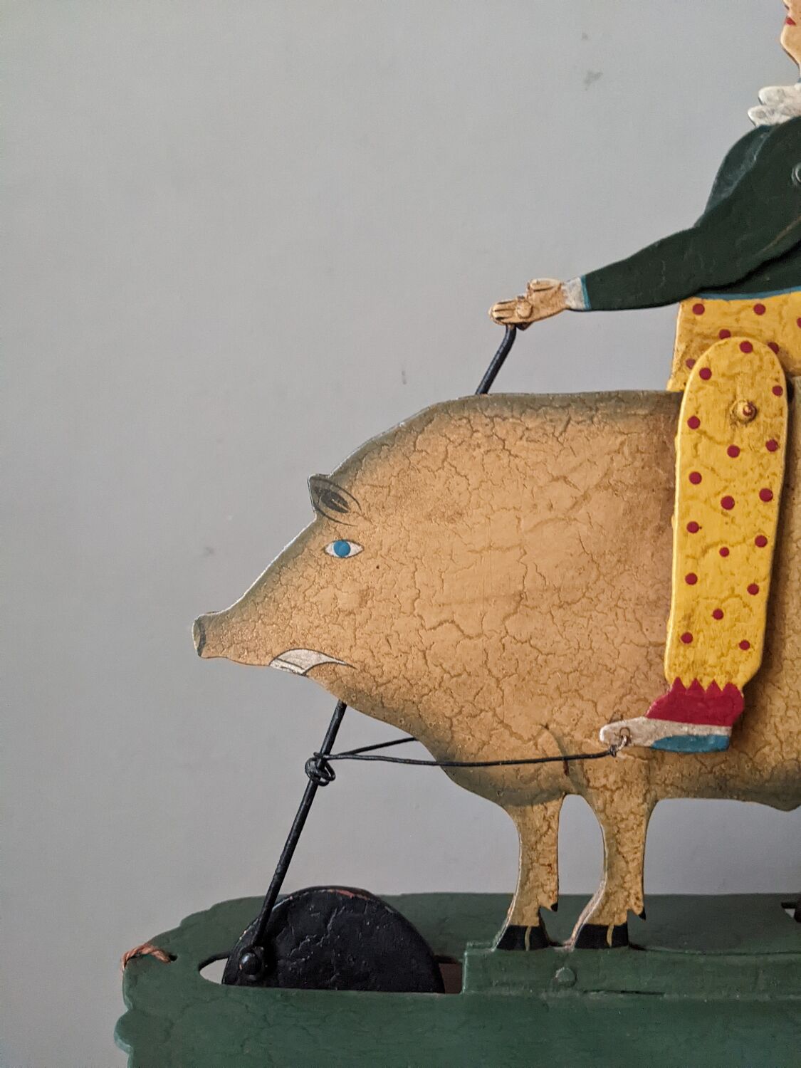 Antique pull toy, metal, hand-painted decoration, clown circus