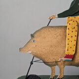 Antique pull toy, metal, hand-painted decoration, clown circus