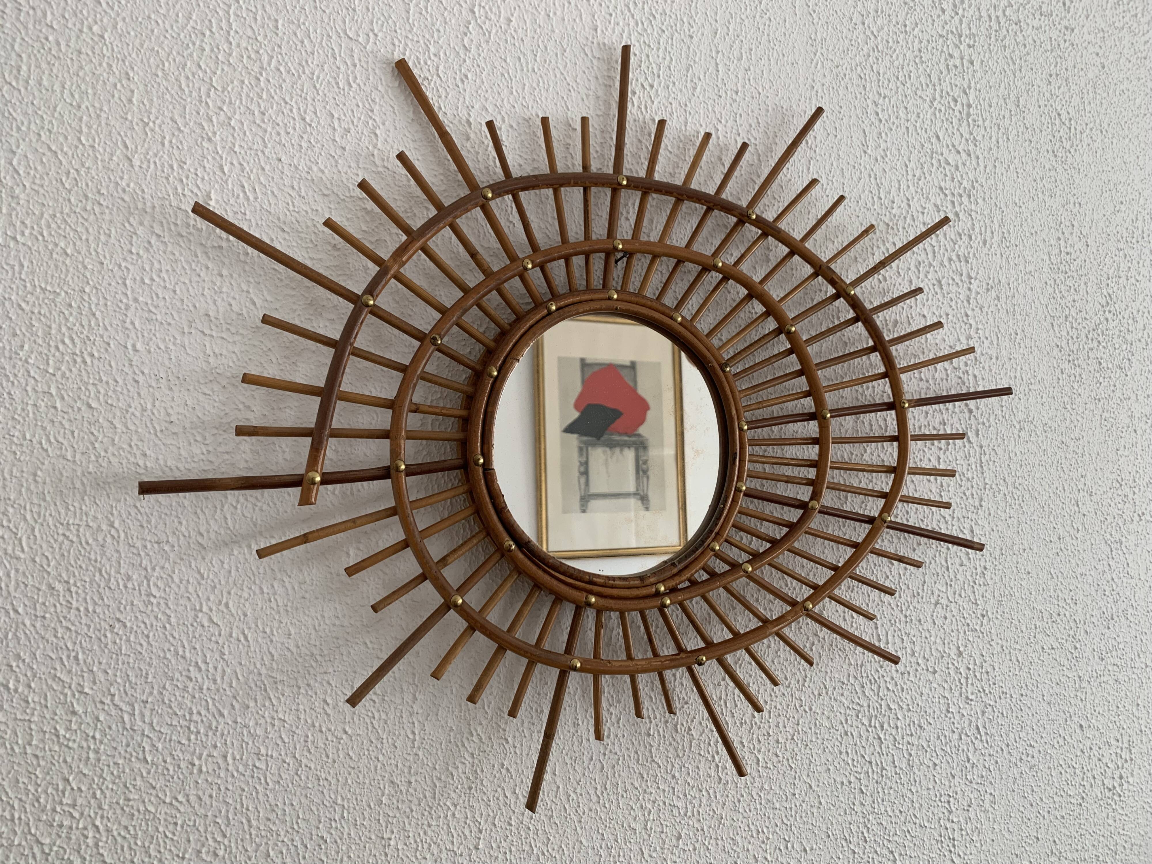 Vintage 1960s sunburst mirror, rattan wicker, ortf spiral design - 68 x 52 cm