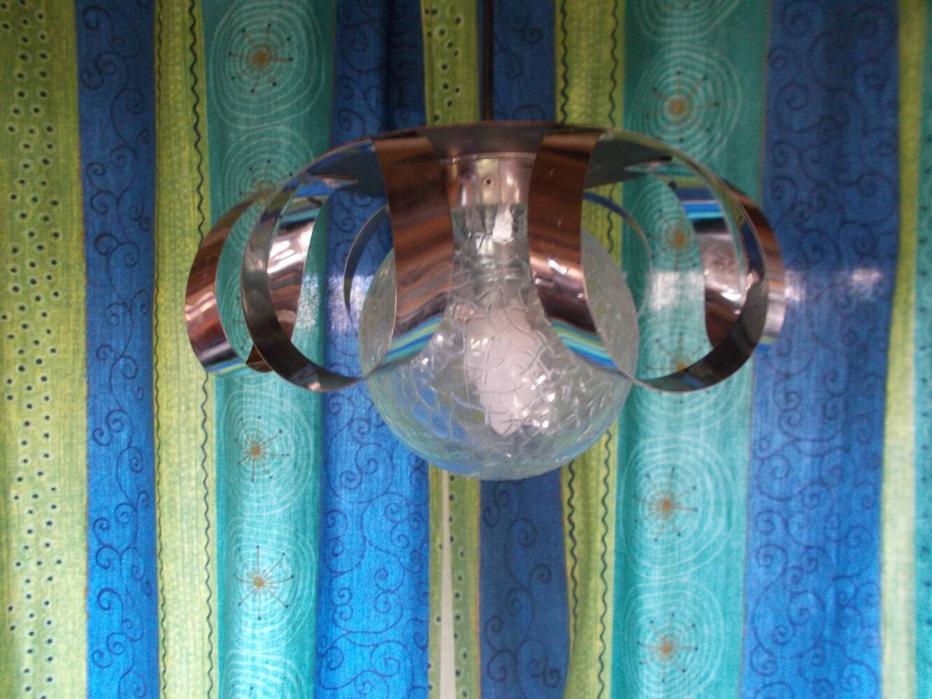 Glass and chrome metal pendant light from the 70s
