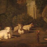 Great 17th century Italian painting, bucolic landscape with ruins