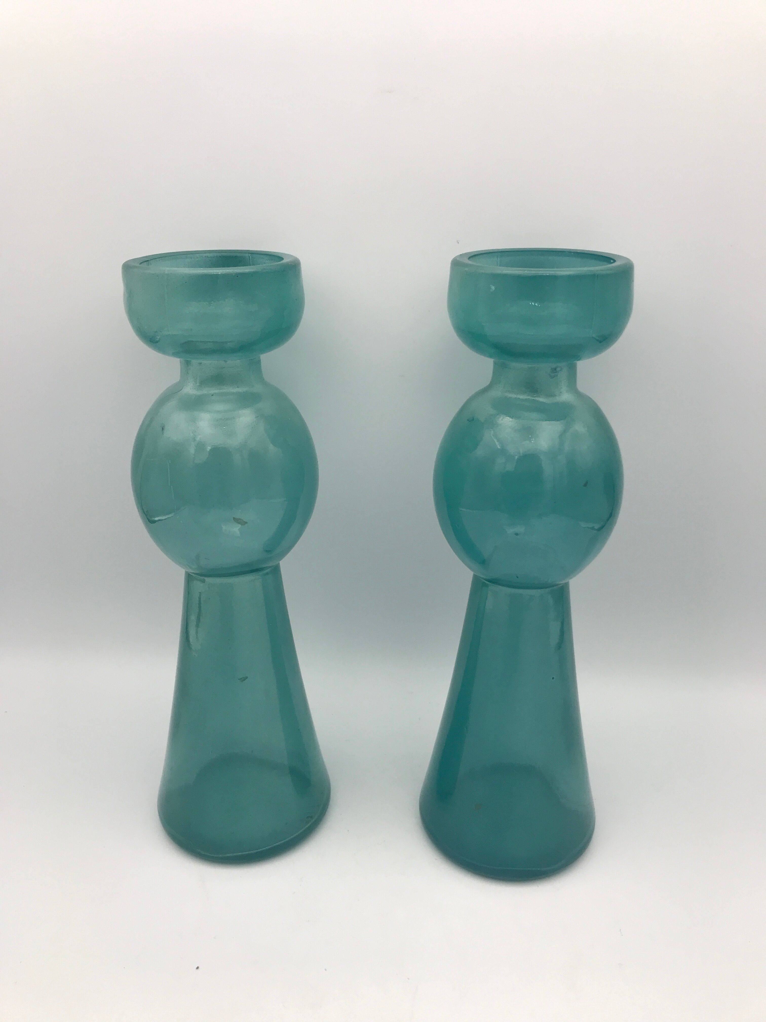 Pair of vintage candlesticks in molded glass turquoise blue 20 cm