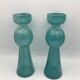 Pair of vintage candlesticks in molded glass turquoise blue 20 cm