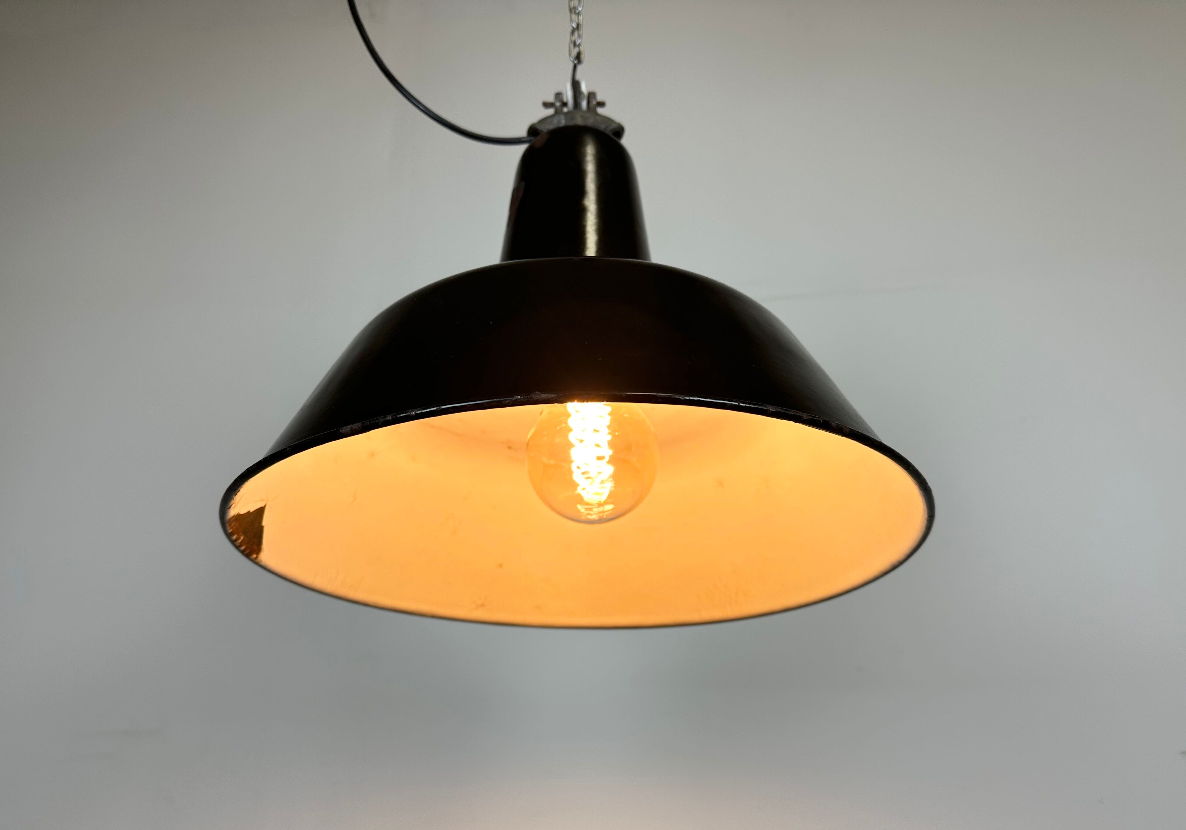 Industrial Black Enamel Factory Lamp with Cast Iron Top, 1950s