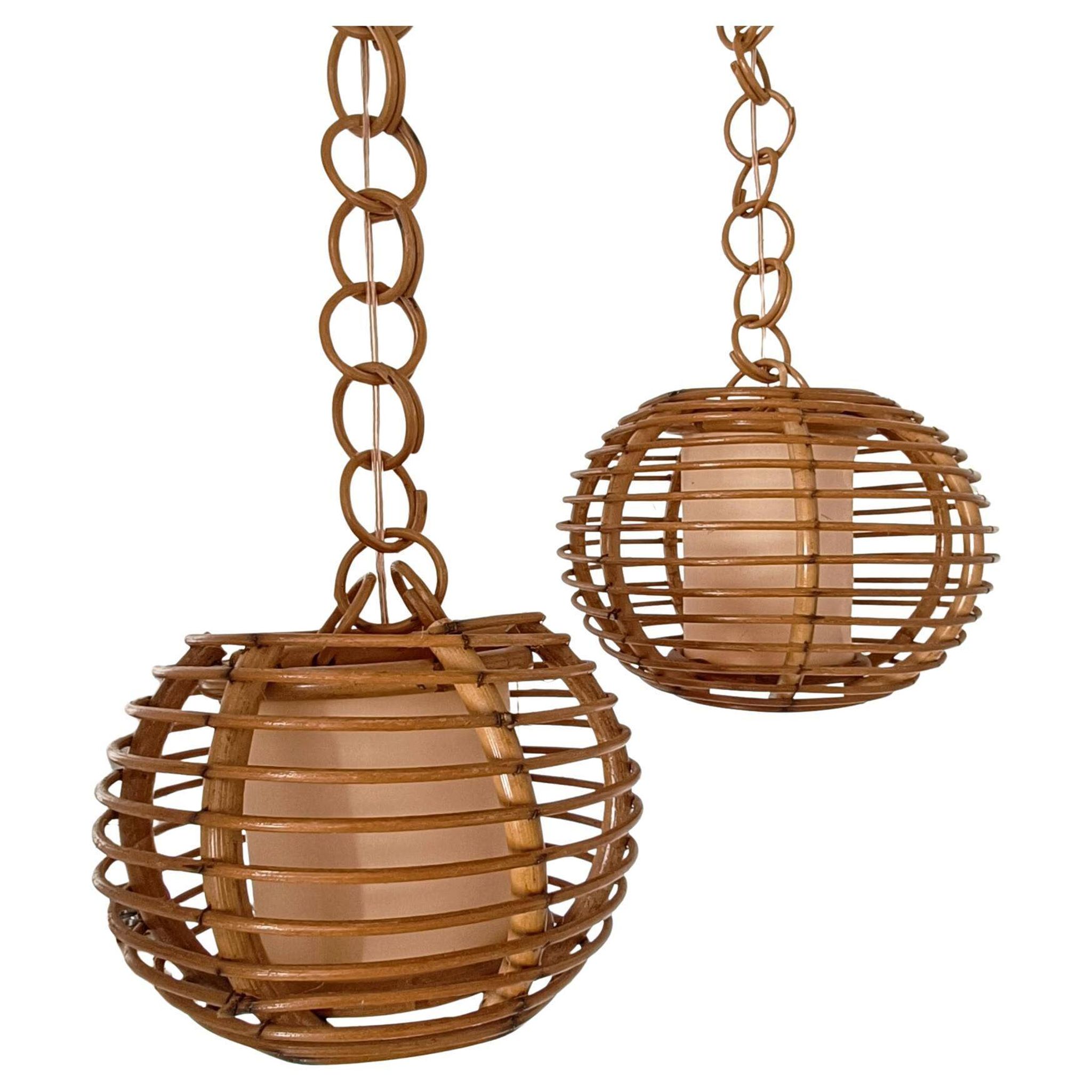Mid-Century Globe Pendant Lamps, Bamboo & Rattan, c. 1960s