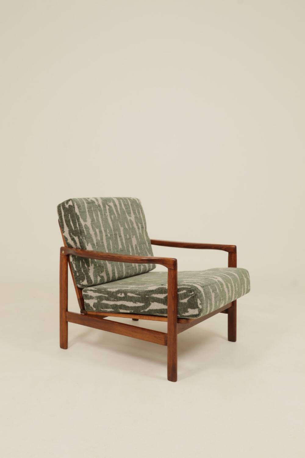 Vintage green jacquard armchair, mid-century modern design, 1965.