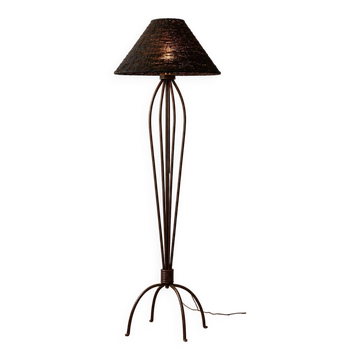 Iron Floor Lamp with Handwoven Bamboo Shade, 1990-2000s