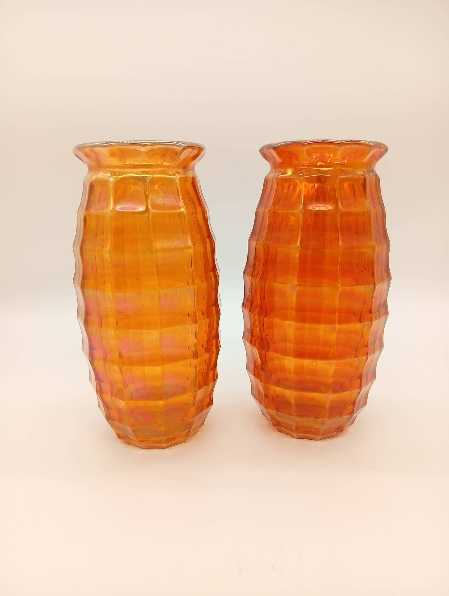 Paire Vases Art Déco Josef Invald Carnival Marigold Orange Irisé Jacobean