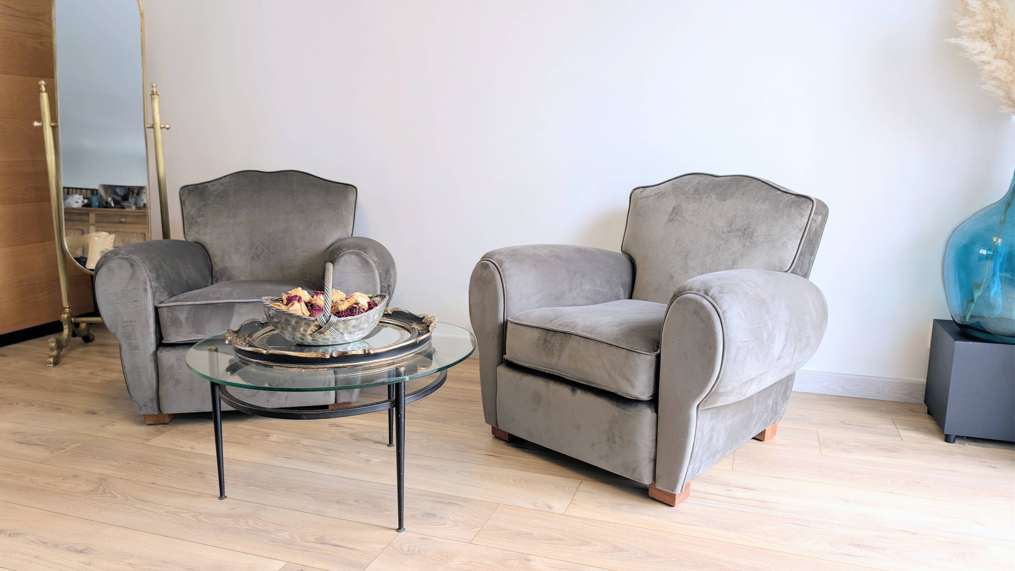 Pair of moustache club armchairs in elephant grey velvet.